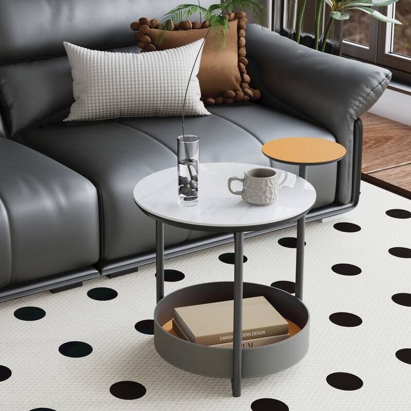 Round End Table White Slate Top, Storage Basket