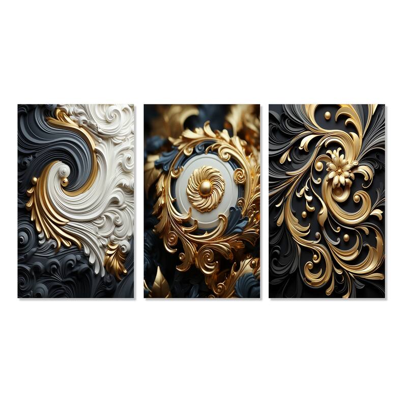 Designart "White Gold And Black Ornamental Liquid Spiral" Abstract Spirals Canvas Set Of 3 - For Living Room Decor