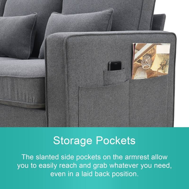 104" 4-Seater Modern Linen Fabric Sofa with Armrest Pockets and 4 Pillows