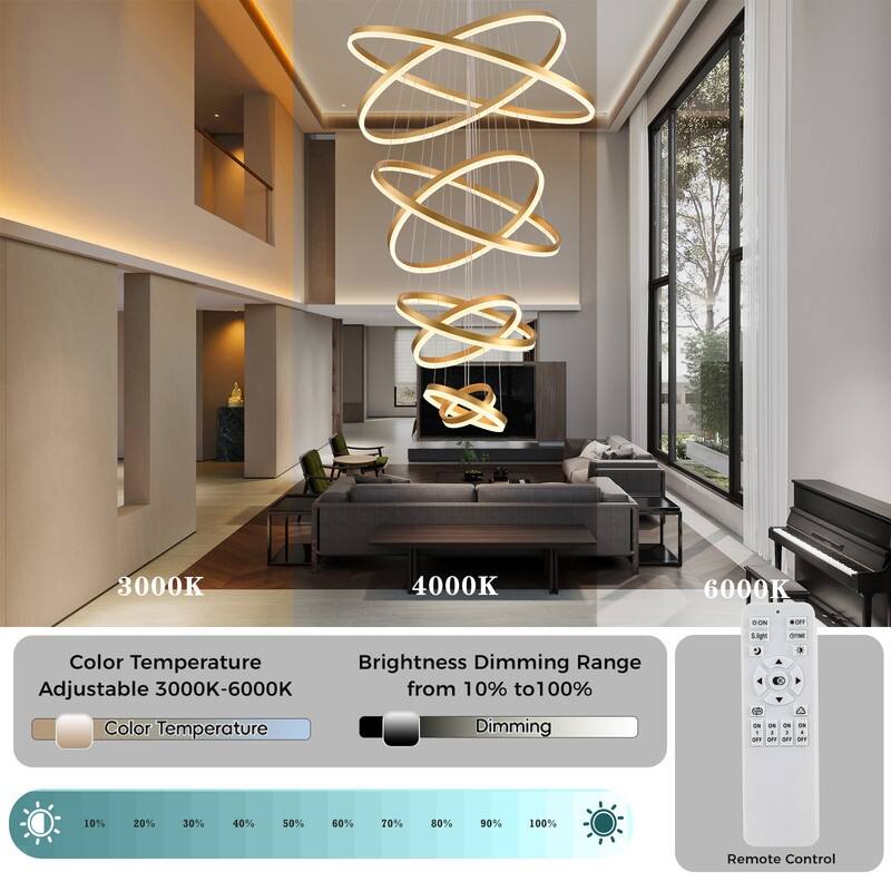 Modern Ring LED Chandelier Ring Adjustable Ceiling Light with Remote Control for High Ceilings