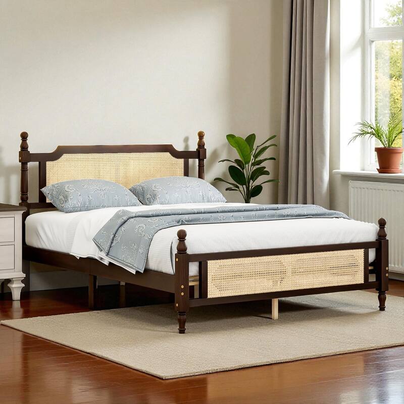 Queen/King Size Pine Wood Bed with Rattan Headboard and Footboard, Solid Frame with Central Support and Under-Bed Storage