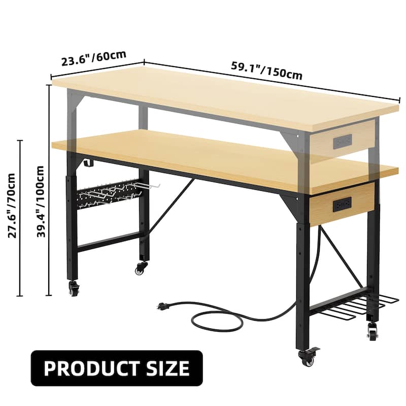 Moasis Adjustable Height Work Bench Table with Power Outlets