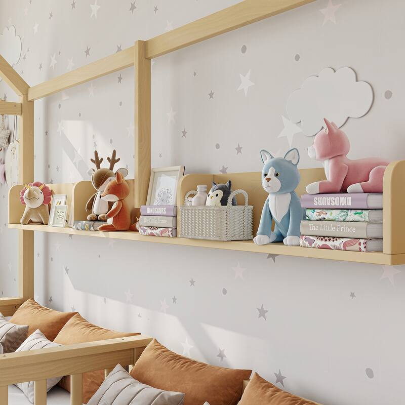 Double Twin Platform Bed with Storage Shelves and Drawers, House Platform Bed with Support Slats, Childlike