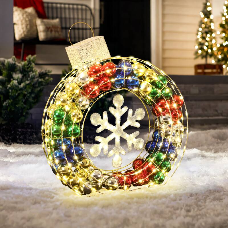 3Ft Tall Ornament and Snowflake Wreath Outdoor Holiday Decoration with Lights - 36" H x 31.5" W x 6.3" D
