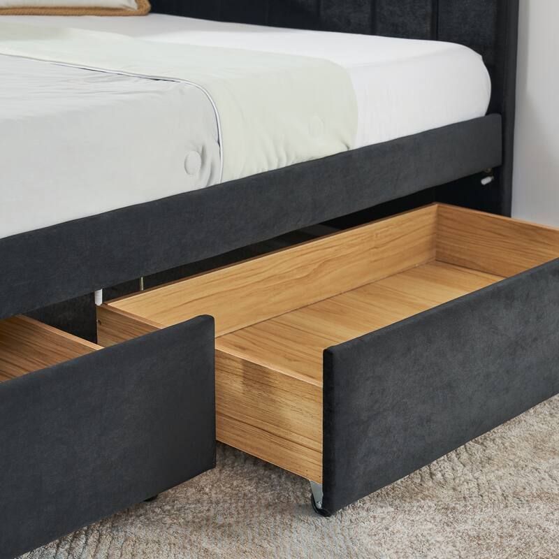Full Size Upholstered Tufted Bed Frame with Two Drawers and Comfortable Backrest