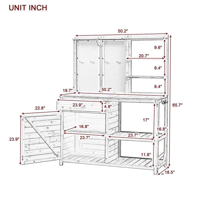 Fir Wood Potting Bench with Hutch, Garden Workstation for Planting, 4 Shelves & Adjustable Storage,with Hooks, 50.2''Countertop