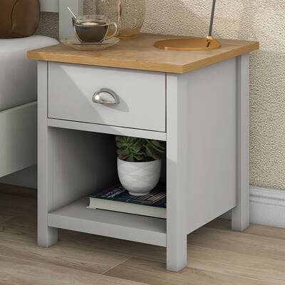 Country Gray Solid One Drawer Nightstand Side Table with Oak Top for Bedroom Living Room