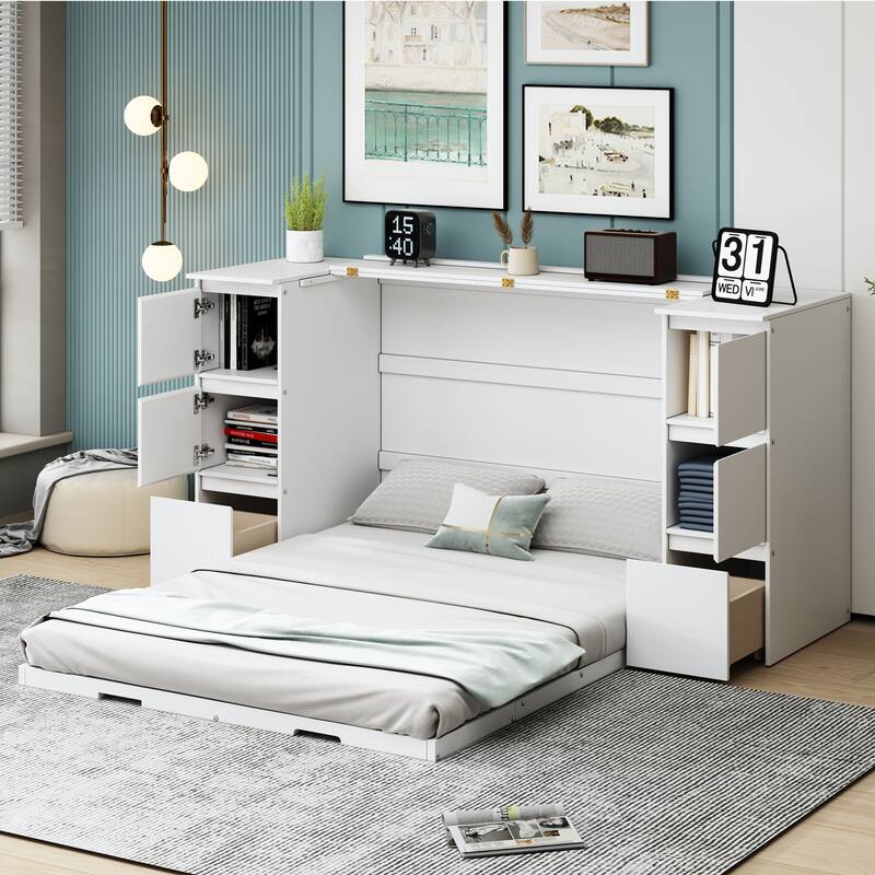 Modern Murphy Bed with Drawers, Cabinets, and USB Ports
