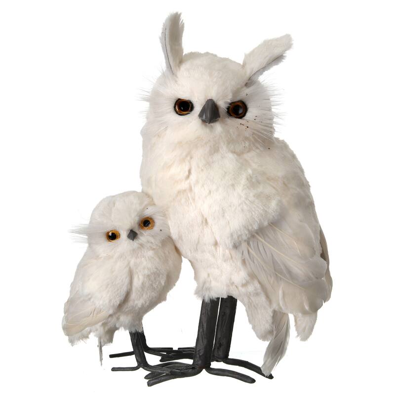 11.5" White Furred Snow Owl W/Baby