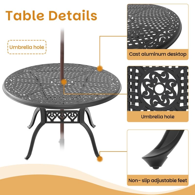 5-Piece Aluminum Round Outdoor Patio Dining Set, 4 Cushioned Swivel Chairs, Table, All-Weather Frames
