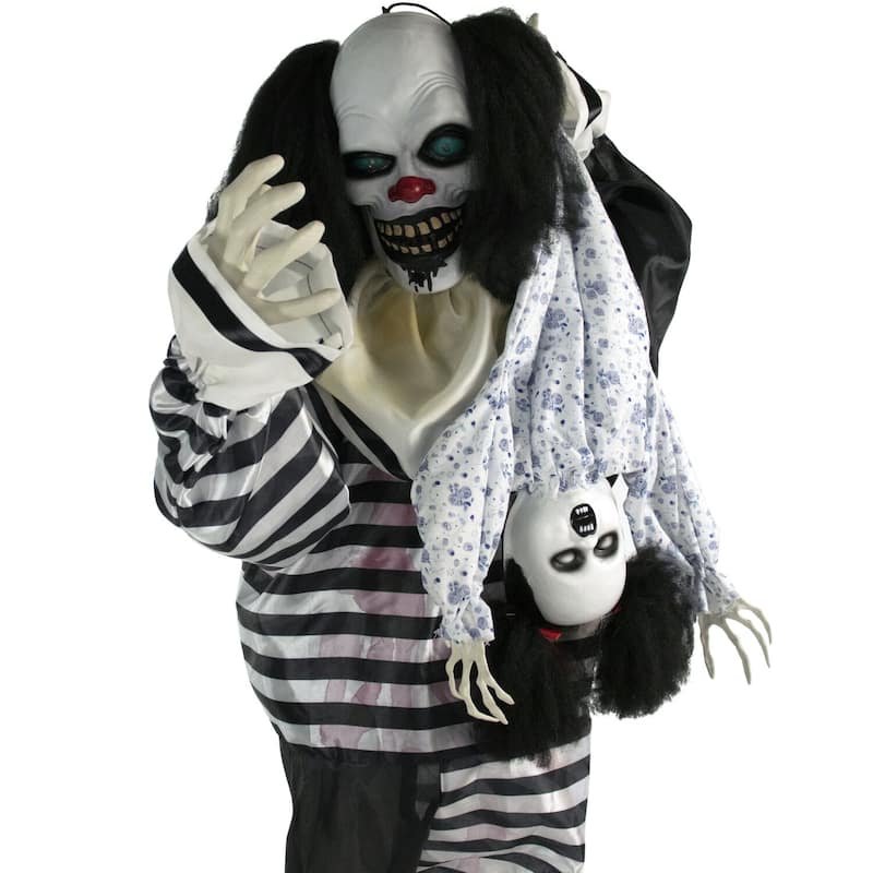 Life-Size Animatronic Talking Clown with Doll with Lights and Sound, Indoor or Covered Outdoor Halloween Decoration