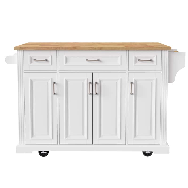 54" Large Rolling Kitchen Island with Rubber Wood Drop Leaf - Embossed Texture Storage Cart with 4 Doors & 3 Drawers for Kitchen