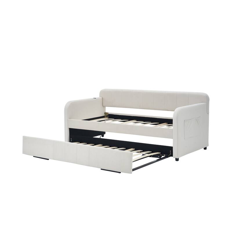 Twin Size Velvet Upholstered Daybed, Wood Sofa Bed Frame Daybed Couch with Trundle Bed and Wood Slat