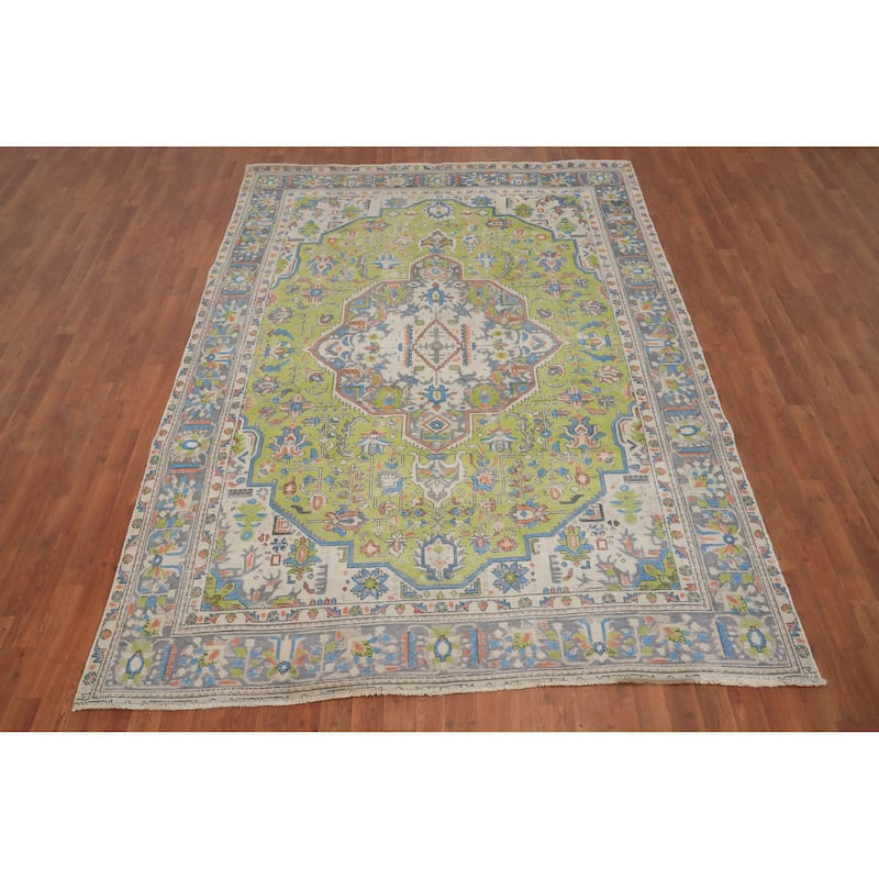 Hand Knotted Oriental 100% Wool Carpet Traditional Floral Green Tabriz Area Rug - 9' 5'' X 6' 8''