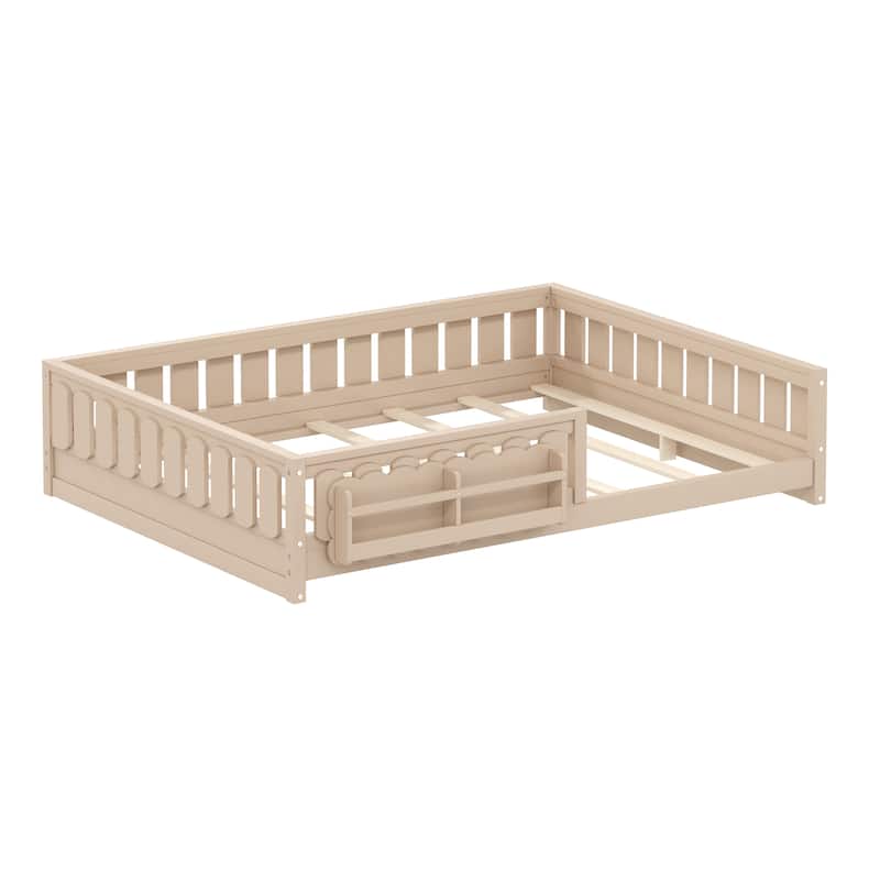 Kid Wood Platform Storage Bed Montessori Toddler Floor Bed Children Daybed with Guardrail and Side Creativity Storage Shelves