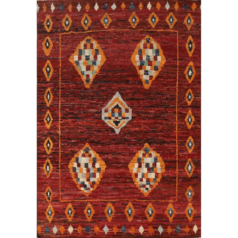 Geometric Moroccan Oriental Rug Handmade Red Wool Carpet - 6'9" x 9'11"