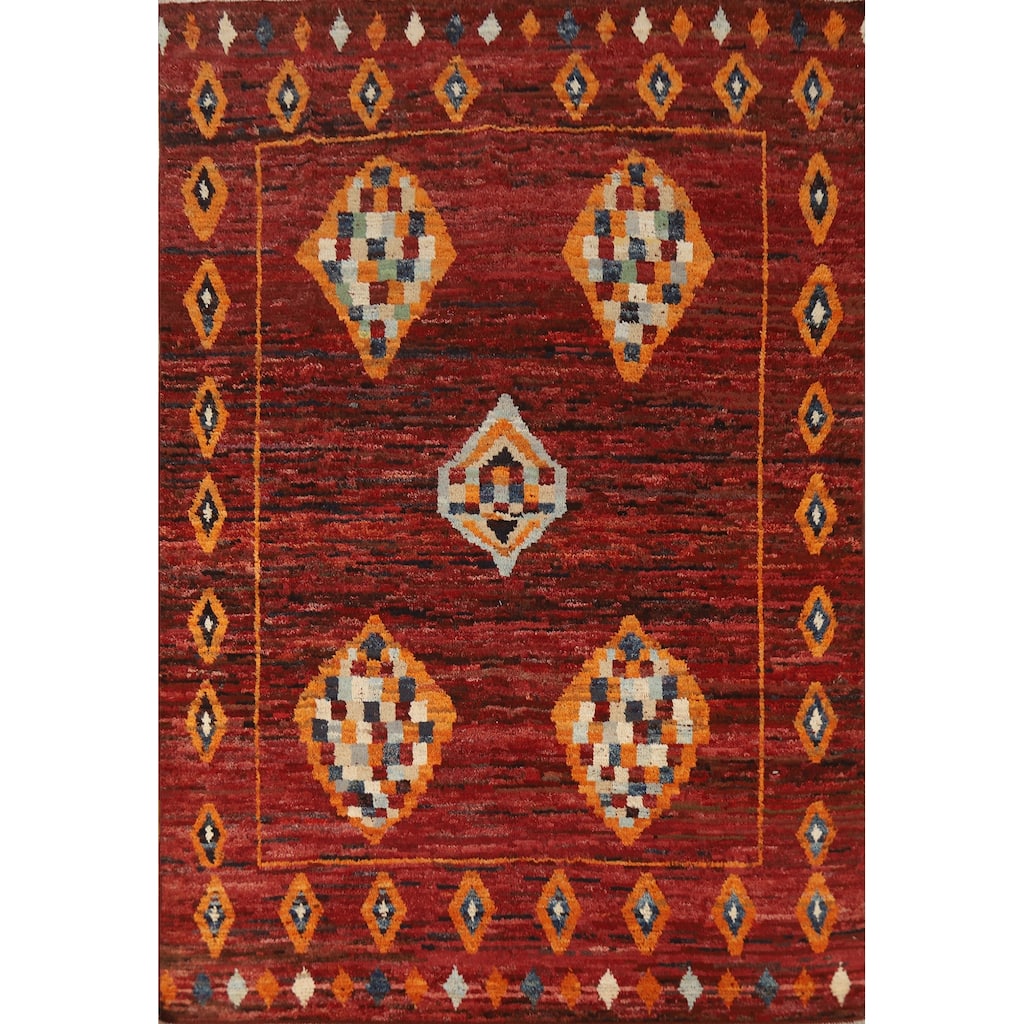 Geometric Moroccan Oriental Rug Handmade Red Wool Carpet - 6'9" x 9'11"
