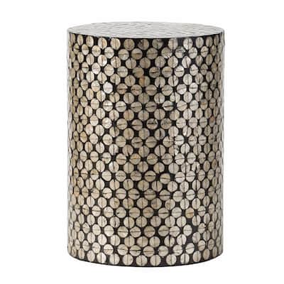 Modern Drum Stool - Black/Gold Capiz Shell Design, End Table, Side Table - D14x20"