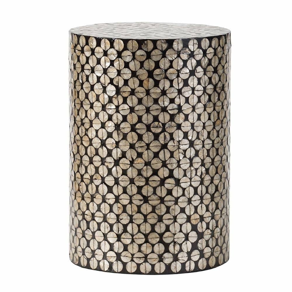 Modern Drum Stool - Black/Gold Capiz Shell Design, End Table, Side Table - D14x20"