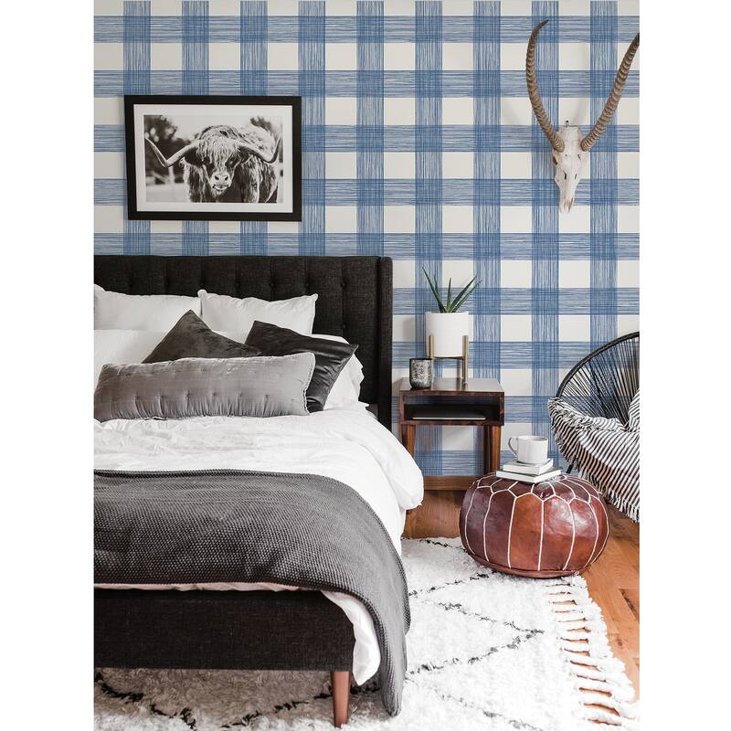 A-Street Prints Scarborough Indigo Striated Plaid Wallpaper