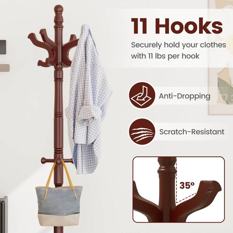 Costway Solid Rubber Wood Coat Rack with 3 Adjustable Heights and 11 - See Details