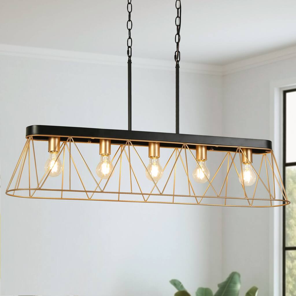 Modern Luxury 5-light Chandelier Black Gold Kitchen Island Light with Geometric Line Design for Dining Room