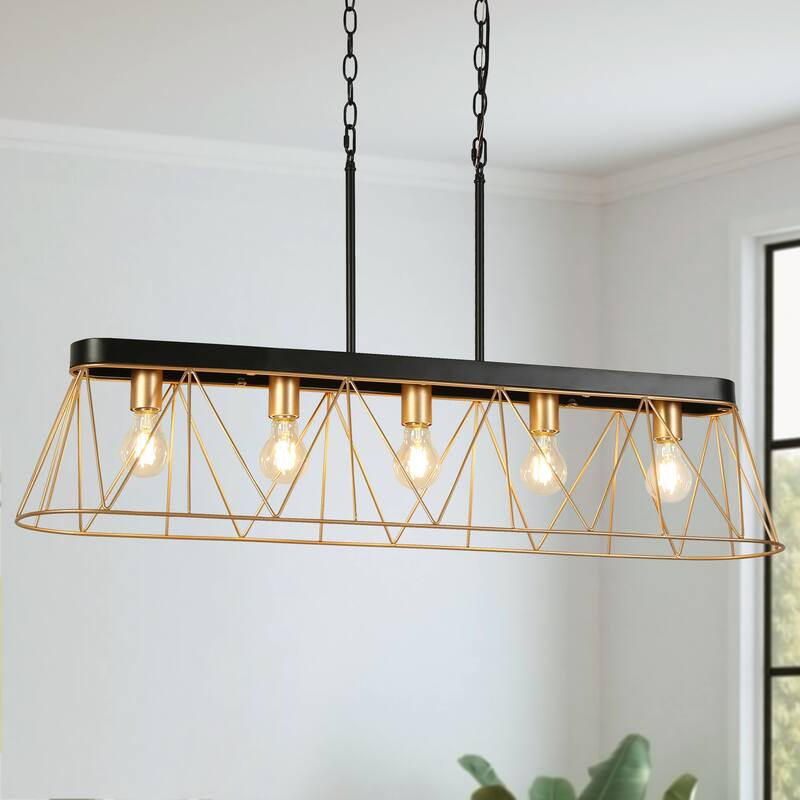 Modern Luxury 5-light Chandelier Black Gold Kitchen Island Light with Geometric Line Design for Dining Room