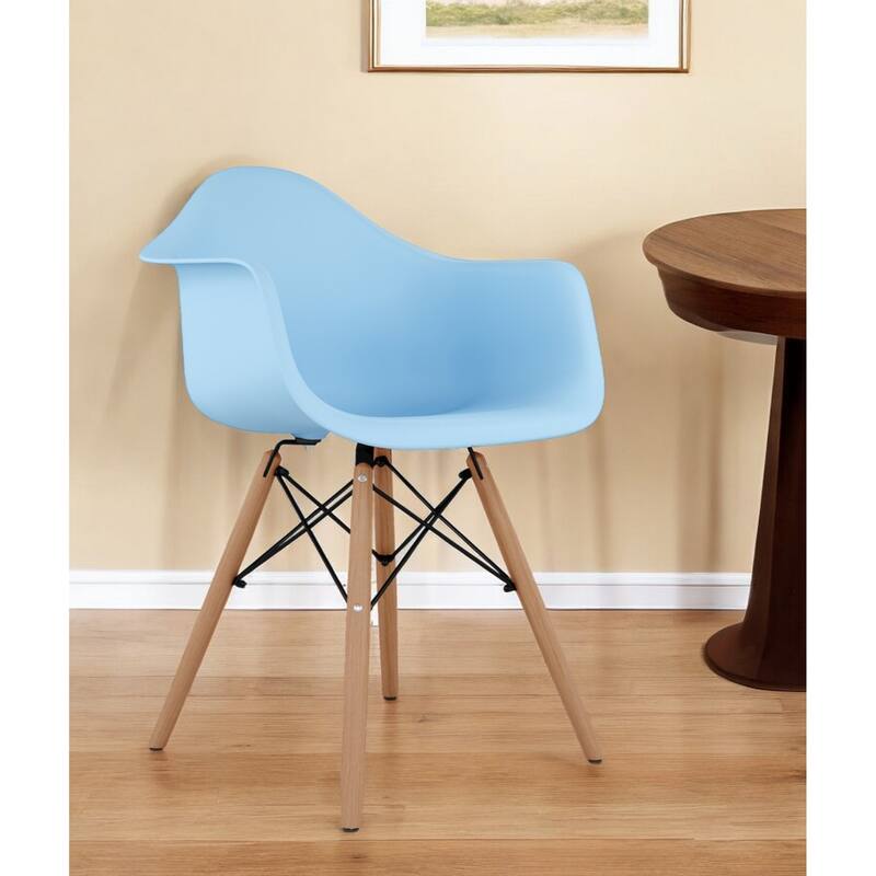 Blue And Natural Heavy Duty Plastic And Solid Wood Dining Arm Chair