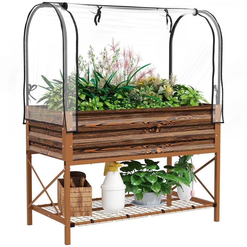 Outsunny Raised Garden Bed with Cover and Storage Shelf, Rectangular Metal Elevated Planter Box