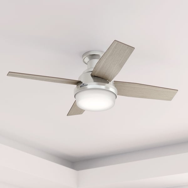 slide 2 of 18, Hunter 44" Dempsey Flush Mount Ceiling Fan with LED Light, Handheld Remote - Modern, Contemporary, Transitional, Industrial Brushed Nickel -  Light Grey / Natural blades
