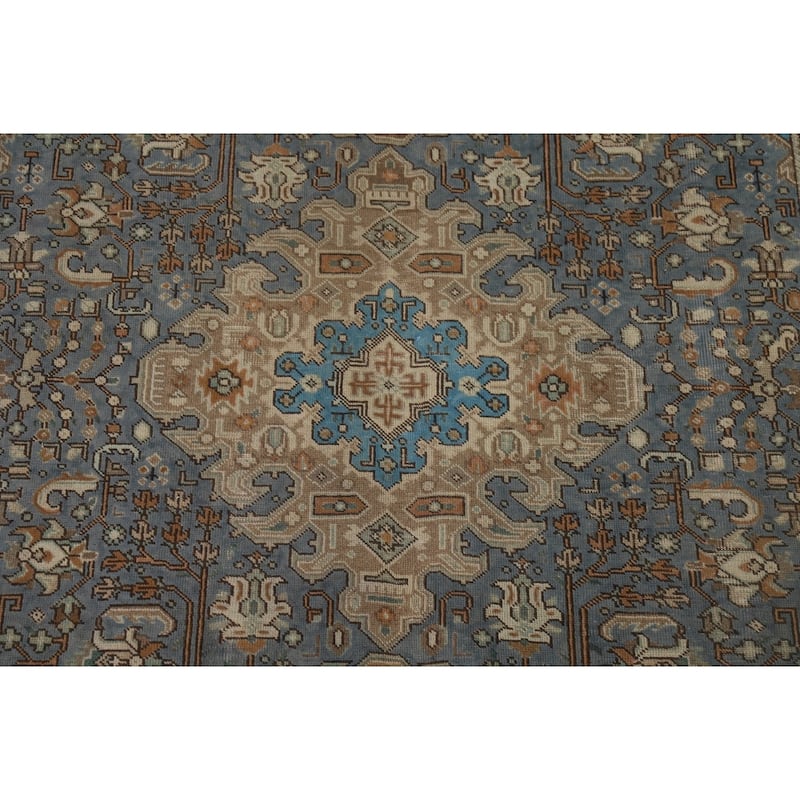 Blue Geometric Tabriz Vintage Persian Rug Hand-Knotted Wool Carpet - 6'5" x 9'4"
