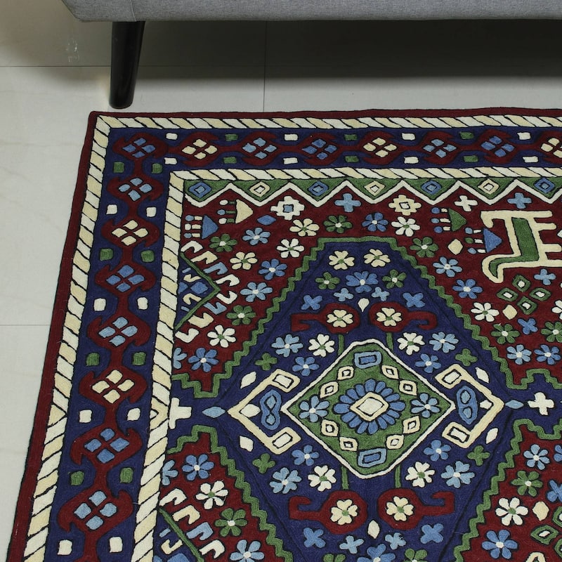Wool chain stitch rug, 'Kashmir Festival' (3x5) - 3' x 5'