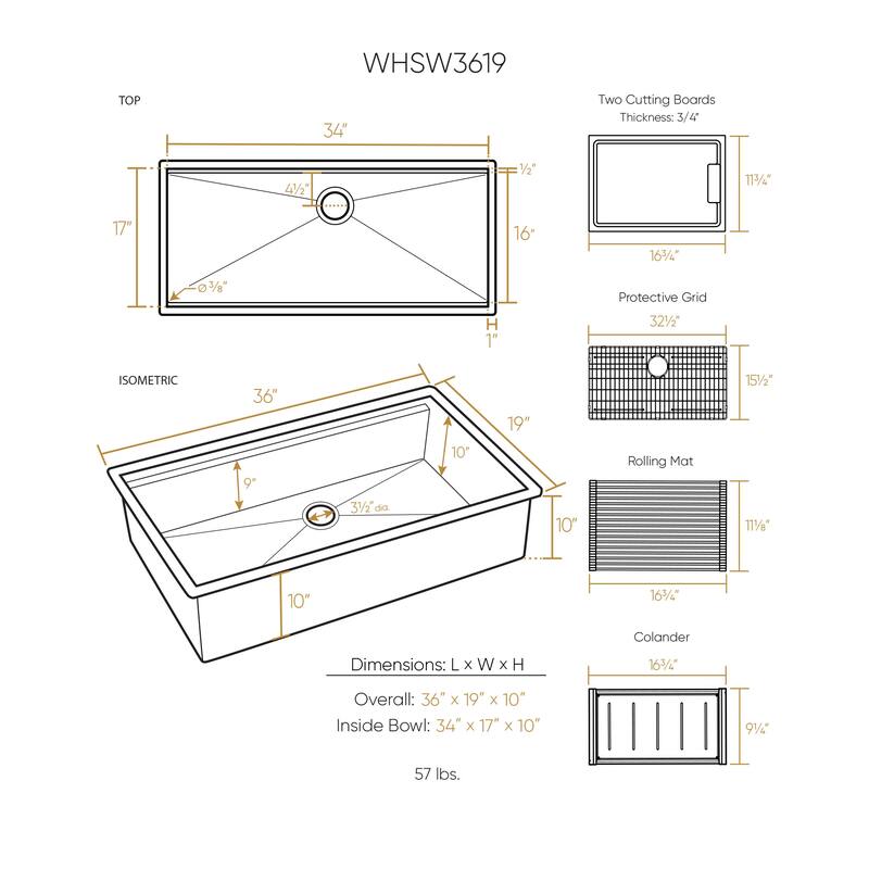 Whitehaus Undermount Single Bowl 16 Gauge Brushed Stainless Steel Workstation Sink With Accessories