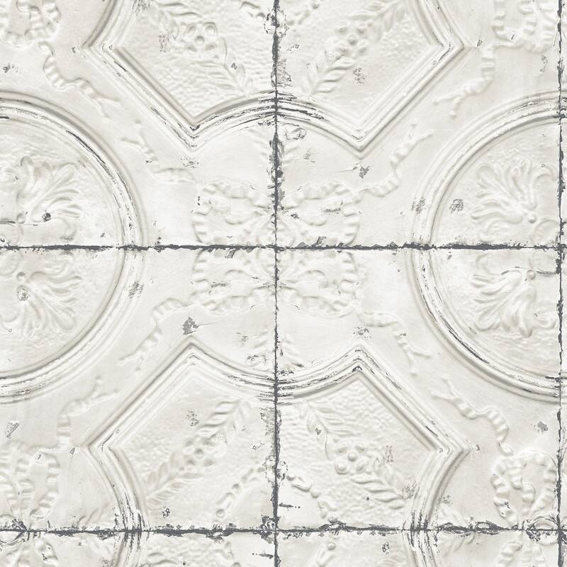 Chesapeake Susanna Off-White Vintage Tin Tile Wallpaper - 20.5in x 396in x 0.025in