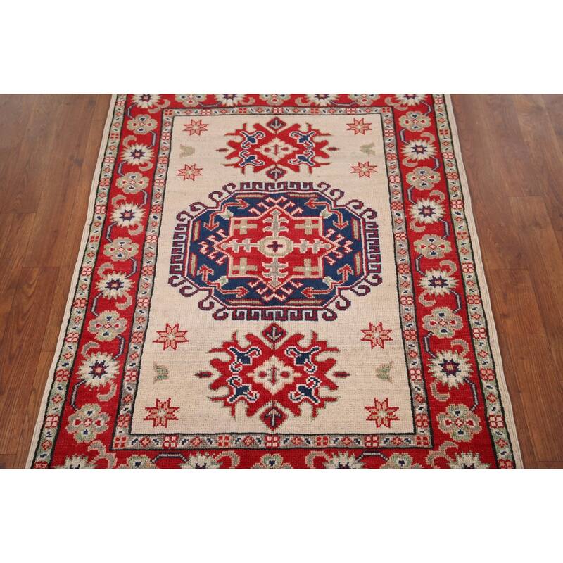 Ivory Geometric Kazak Accent Rug Hand-Knotted Wool Carpet - 2'10" x 3'10"