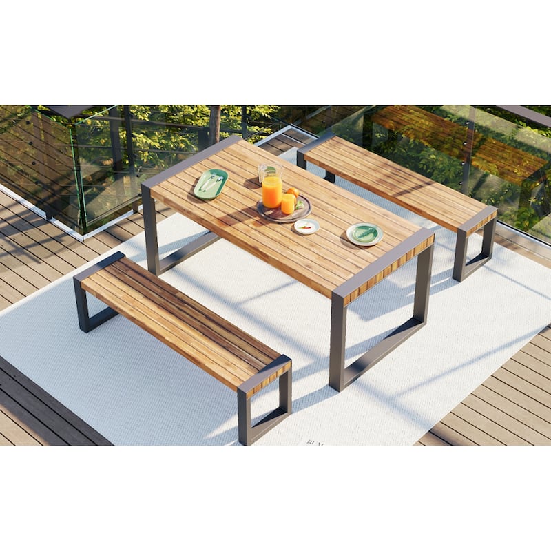Roomfitters 3-Piece Outdoor Dining Set with Rectangular Table and 2 Benches, Industrial Patio Picnic Furniture, Acacia Wood