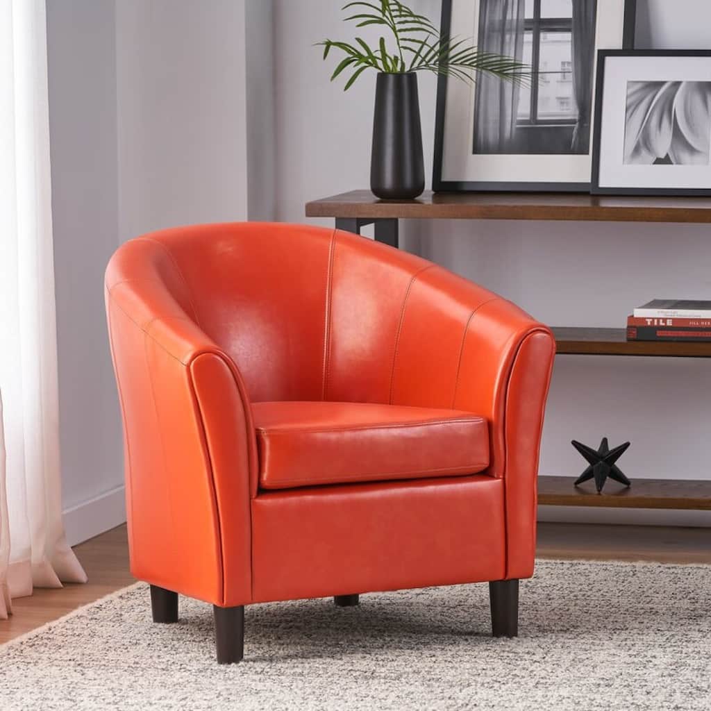 Roomfitters Modern Faux Leather Club Chair with Curved Backrest, Comfortable Accent Armchair for Home Seating, Orange