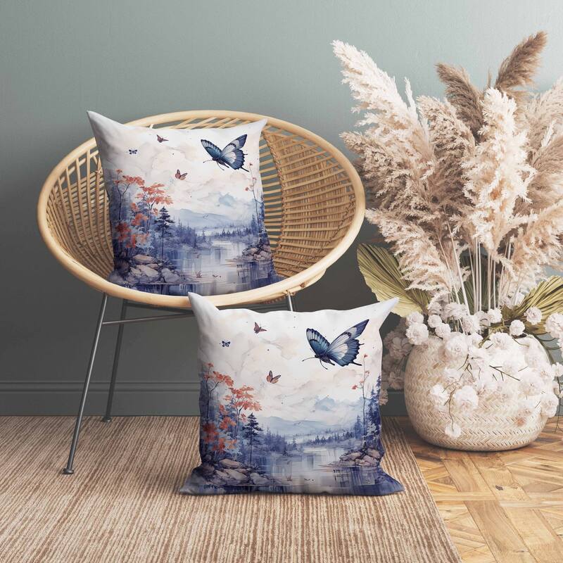 Fluttering Floral Heights Faux Suede Reversible Throw Pillow Blue and Red