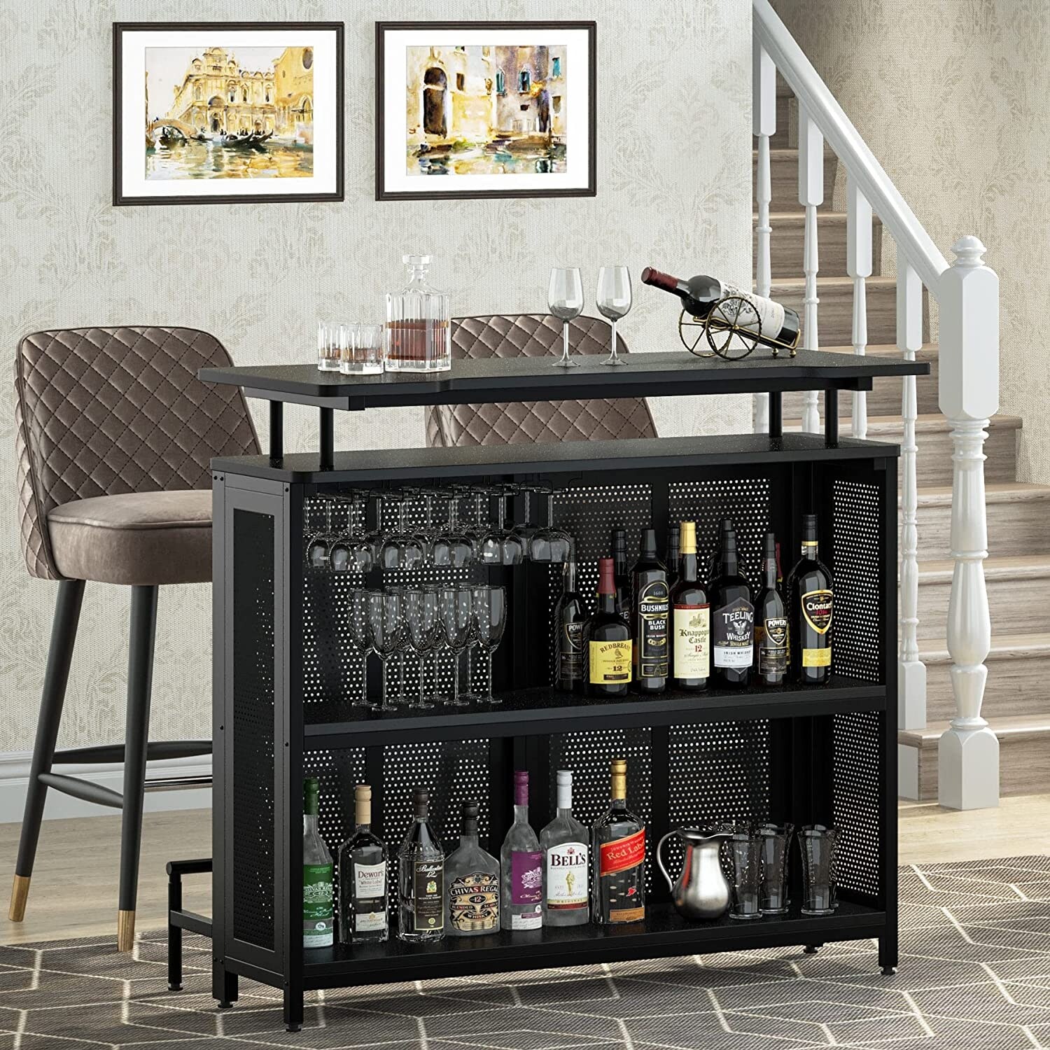 Home Bar Unit 3 Tier Liquor Bar Table with Stemware Racks Mini