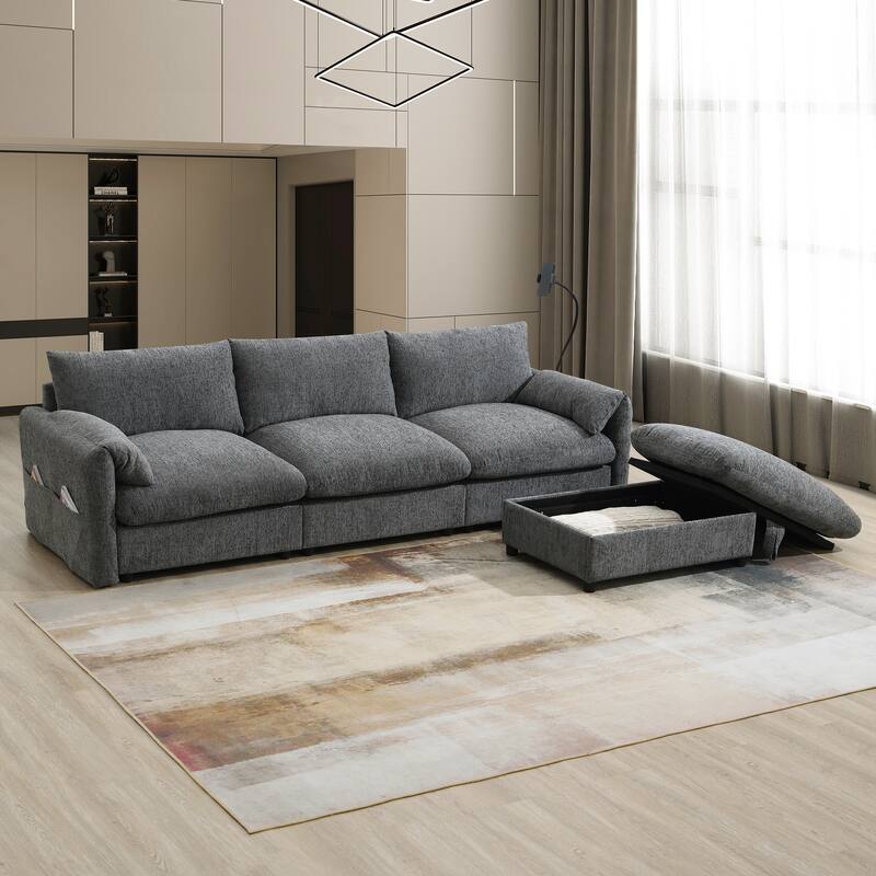 L Shaped Chenille Sectional Sofa with Storage Ottoman, Pockets, USB - Gray