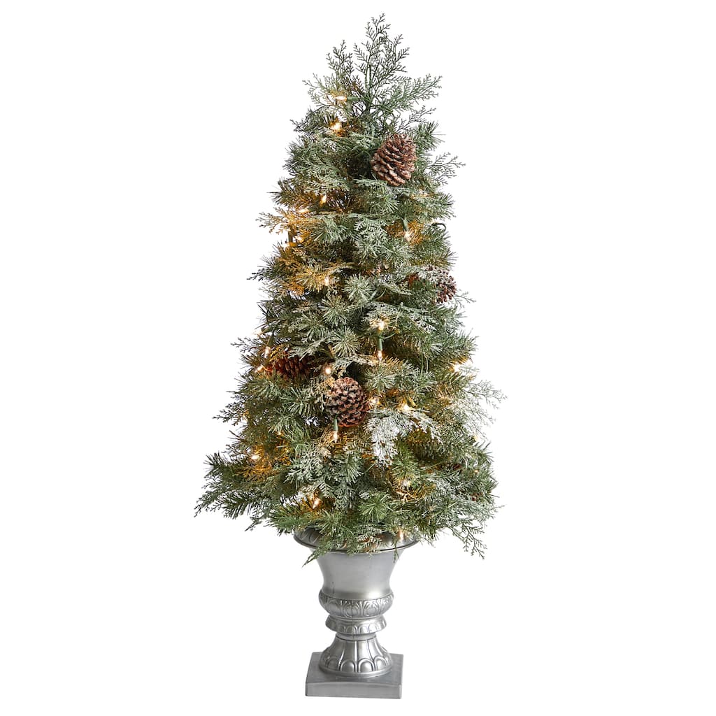 4' English Pine Artificial Christmas Tree with 100 Warm White LED Lights and 413 Bendable Branches in Decorative Urn