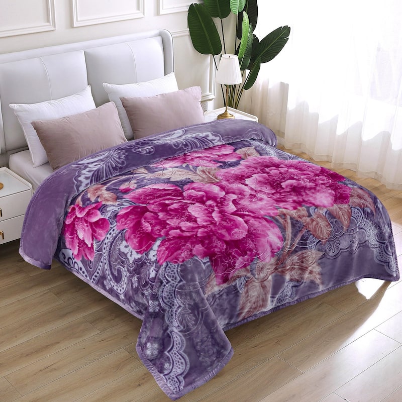 Raschel A&B Printed 2-ply Reversible Korean-style Plush Fleece Blanket - Queen - Light Purple