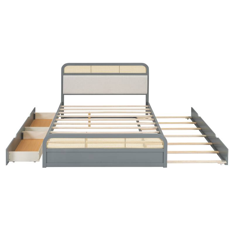 Rattan Platform Bed Queen Wooden Bed Frame with Twin Trundle and 2 Drawers, Headboard with Padded Cushion Mattress Not Included