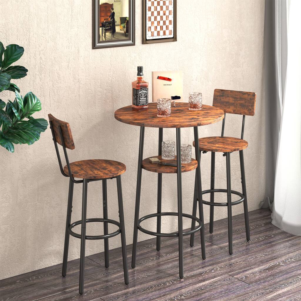 Rustic Brown Double-Layer Round Bar Table and 2 Back Stools with Back