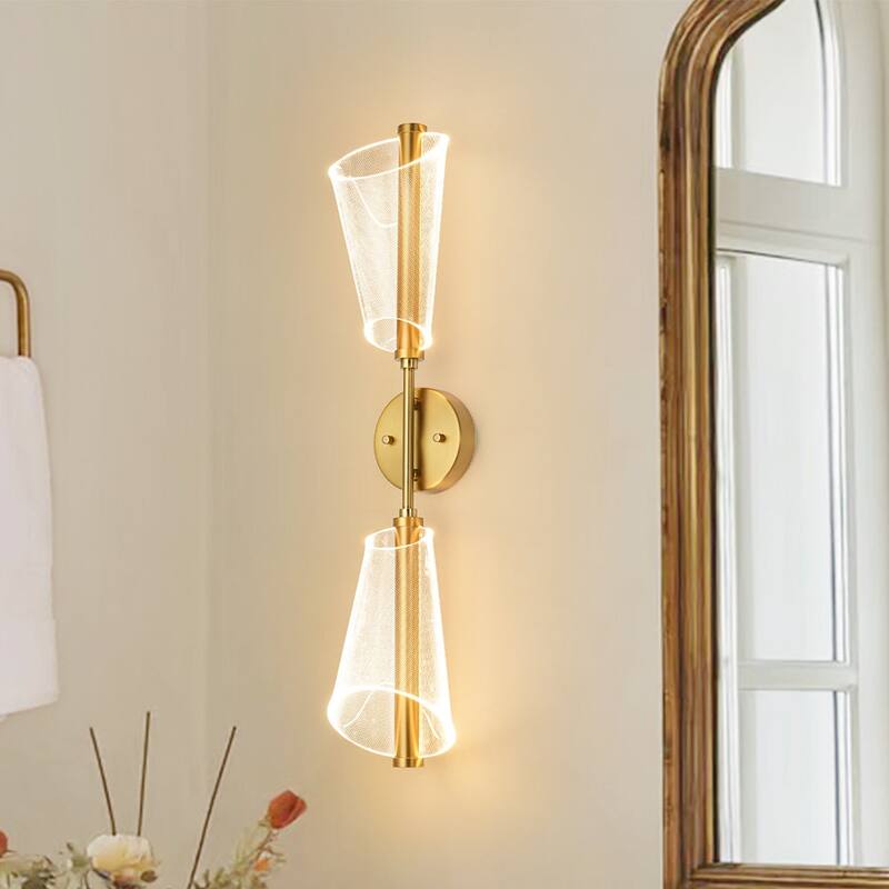 Modern Dimmable LED 2-Light Clear Acrylic Cone Vanity Wall Lamp - Brass