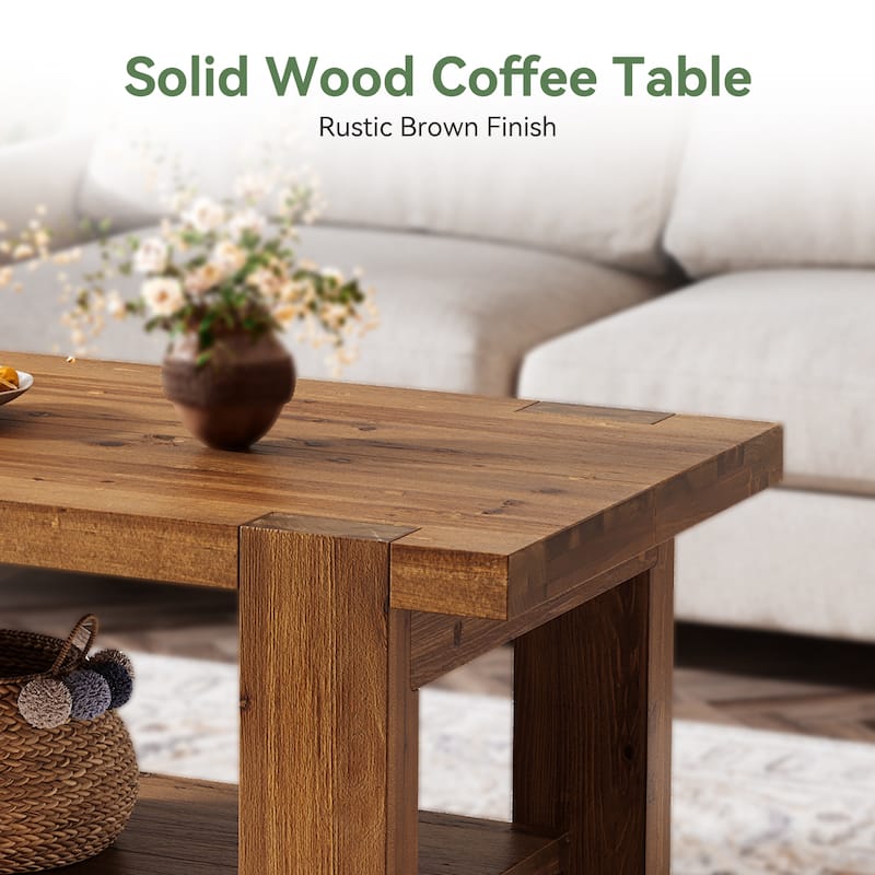 2 Tier Solid Wood Coffee Table for Living Room, 47 Inch Rectangle Center Table with Storage Shelves