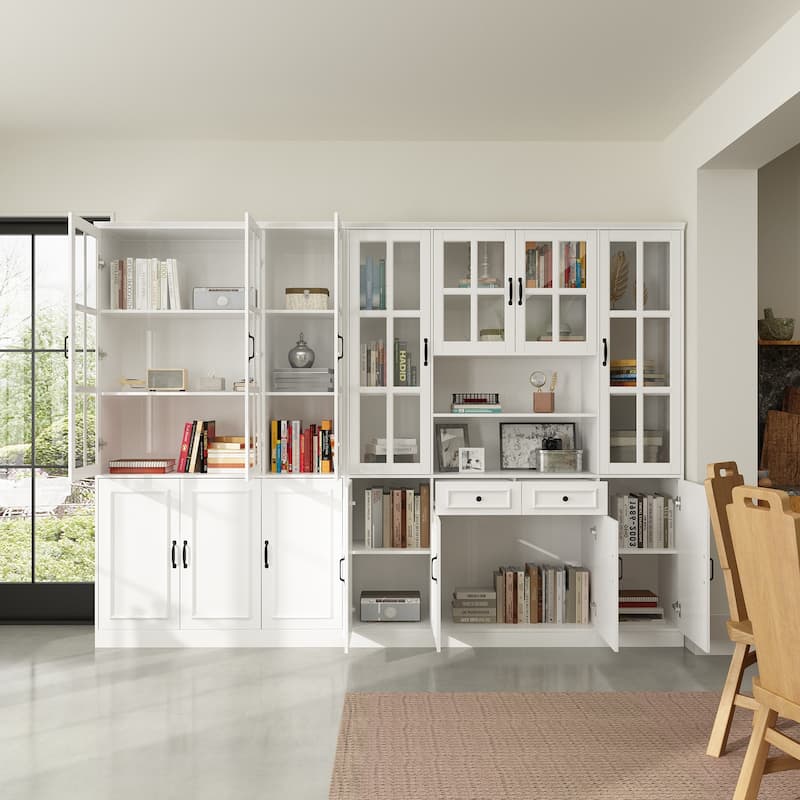 78.7"H Combo Buffet Sideboard White Curio Bookcase Cabinet Glass Door