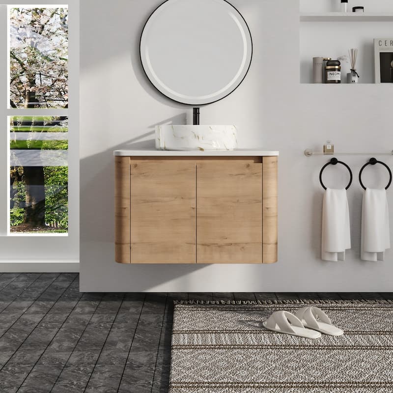 Malwee 24"/30" Floating Bathroom Vanity, Wall Mounted Bathroom Vanity with Ceramic Sink and Soft Close Door