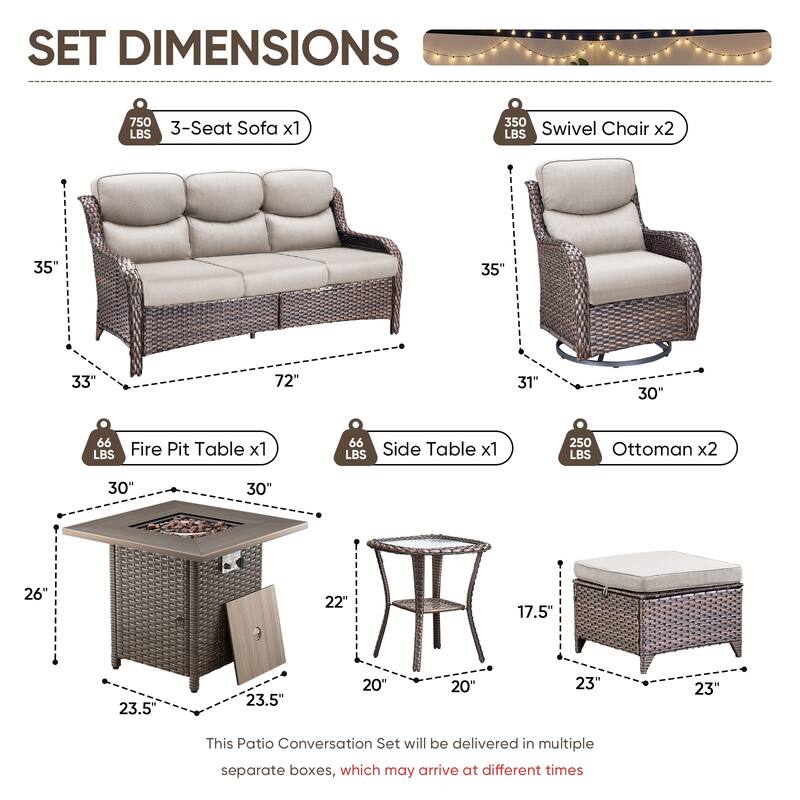 Pocassy Outdoor Propane Fire Pit Table with Sofa Swivel Chair Funiture Set.