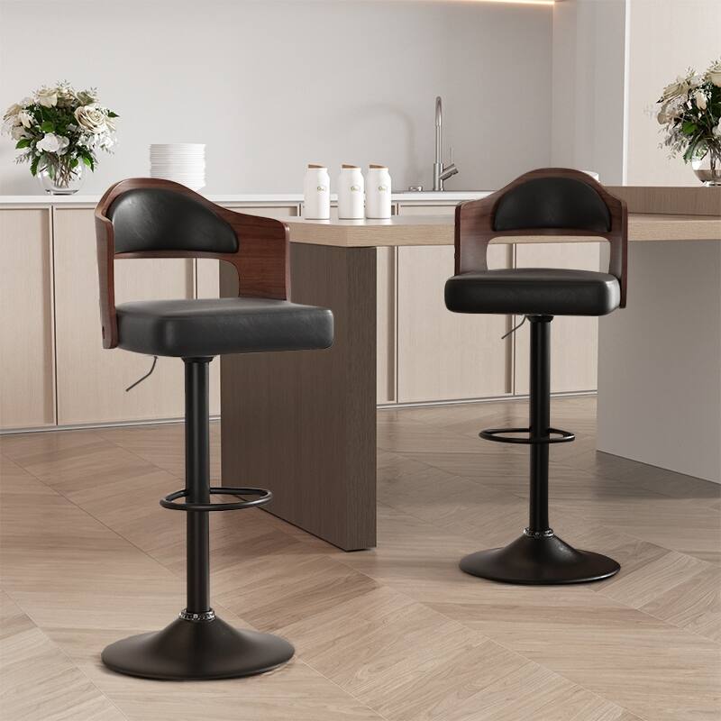 Swivel Bar Stools Set of 2 Seat Adjustable Height 24.5-33.5IN, Wooden Barstools PU Leather Upholstered Bar Chairs